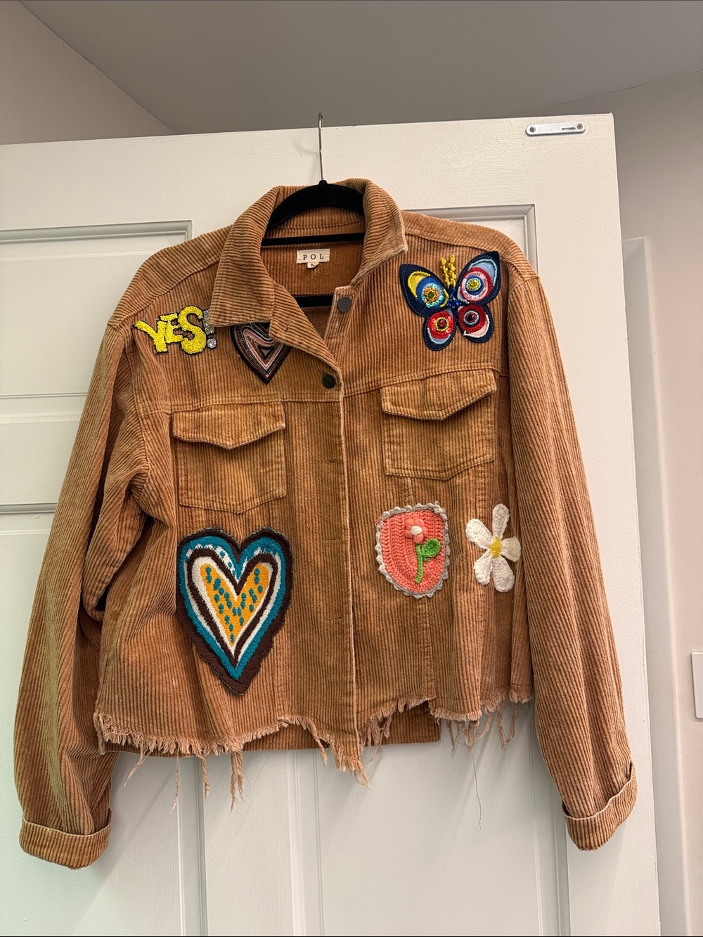 Women’s Tan Corduroy Patchwork Jacket - Casual Embroidered Coat with raw hem